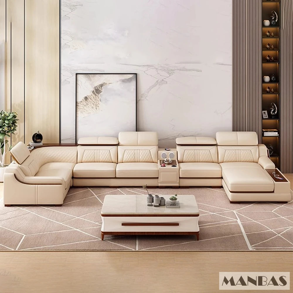 Stylish Italian Genuine Leather Sofa for Living Room with Cup Holder, USB, Adjustable Headrests & Bluetooth Speaker - Linlamlim