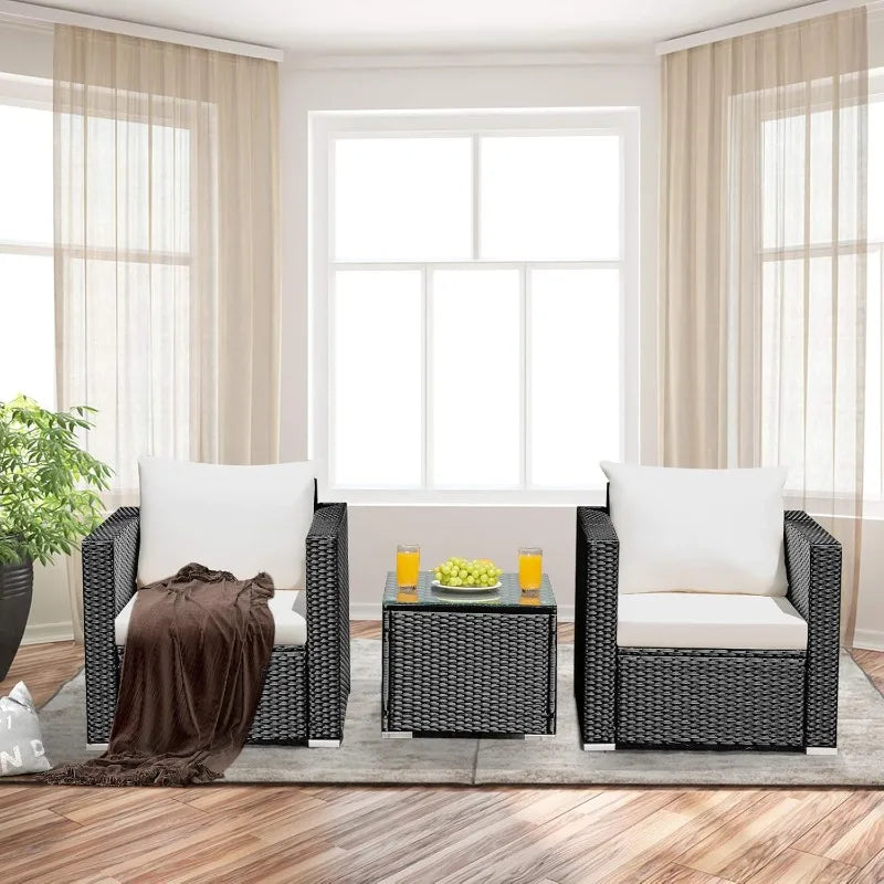 3 Pieces Patio Furniture Set, PE Rattan Wicker Sofa Set w/Washable Cushion and Tempered Glass Tabletop, Outdoor Convers