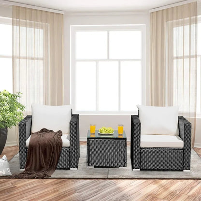 3 Pieces Patio Furniture Set, PE Rattan Wicker Sofa Set w/Washable Cushion and Tempered Glass Tabletop, Outdoor Convers
