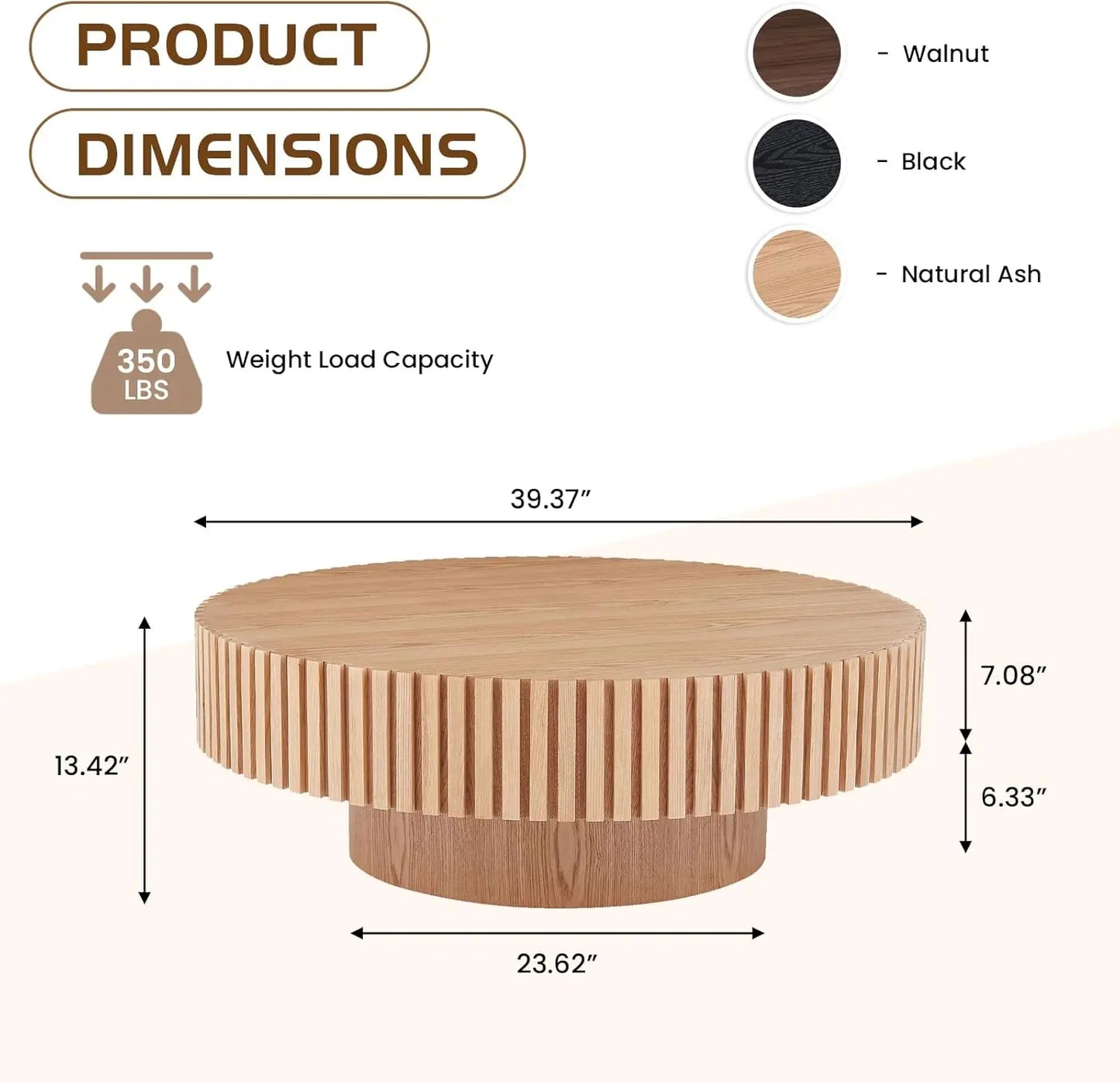 39.4" Oak Round Coffee Table Wood, Modern Drum Fluted Circle Coffee Table for Living Room, Contemporary Low Center Table Side Ta