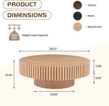 39.4" Oak Round Coffee Table Wood, Modern Drum Fluted Circle Coffee Table for Living Room, Contemporary Low Center Table Side Ta