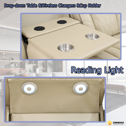 3PCS Power Recliner Sofa with Drop-Down Table Cup Holder, Beige Breathing Leather Power Reclining Sofa Set with Storage Console
