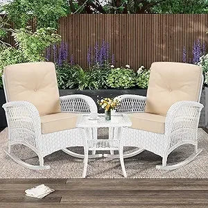 Outdoor Wicker Rocking Chair Trio with Cushions and Glass Coffee Table Patio Set