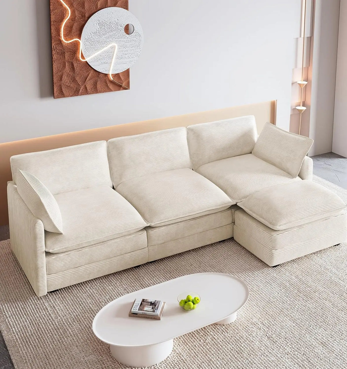 Oversized Modular Sectional Sofa Movable Ottoman 112in 4 Seat Corduroy Convertible L Shape Living Room Office Beige Custom