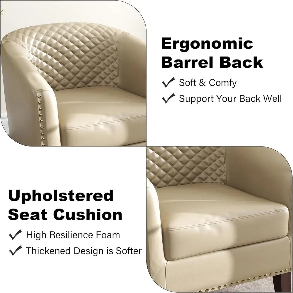 Faux Leather Accent Barrel Chair with Nailed Trim, Comfortable Club Chair for Living Spaces (Beige, 1 Set)
