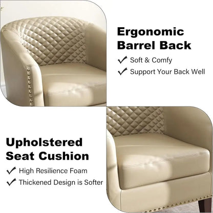 Faux Leather Accent Barrel Chair with Nailed Trim, Comfortable Club Chair for Living Spaces (Beige, 1 Set)