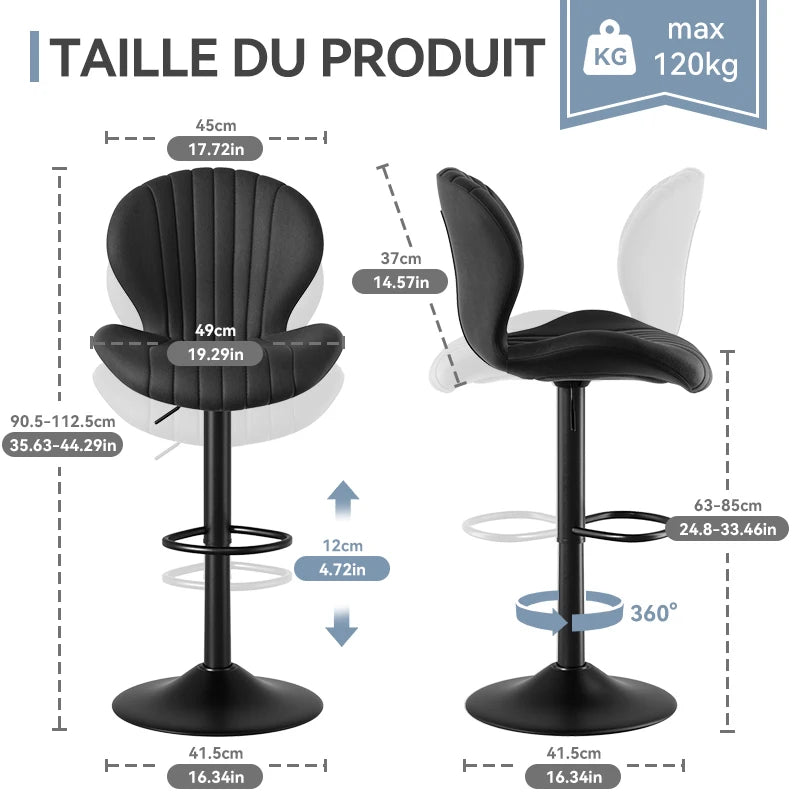 Chaise de bar 2 pièces, 360 °   Rotation, hauteur réglable, cuir artificiel rembourré avec dossier, adapté à la salle à manger