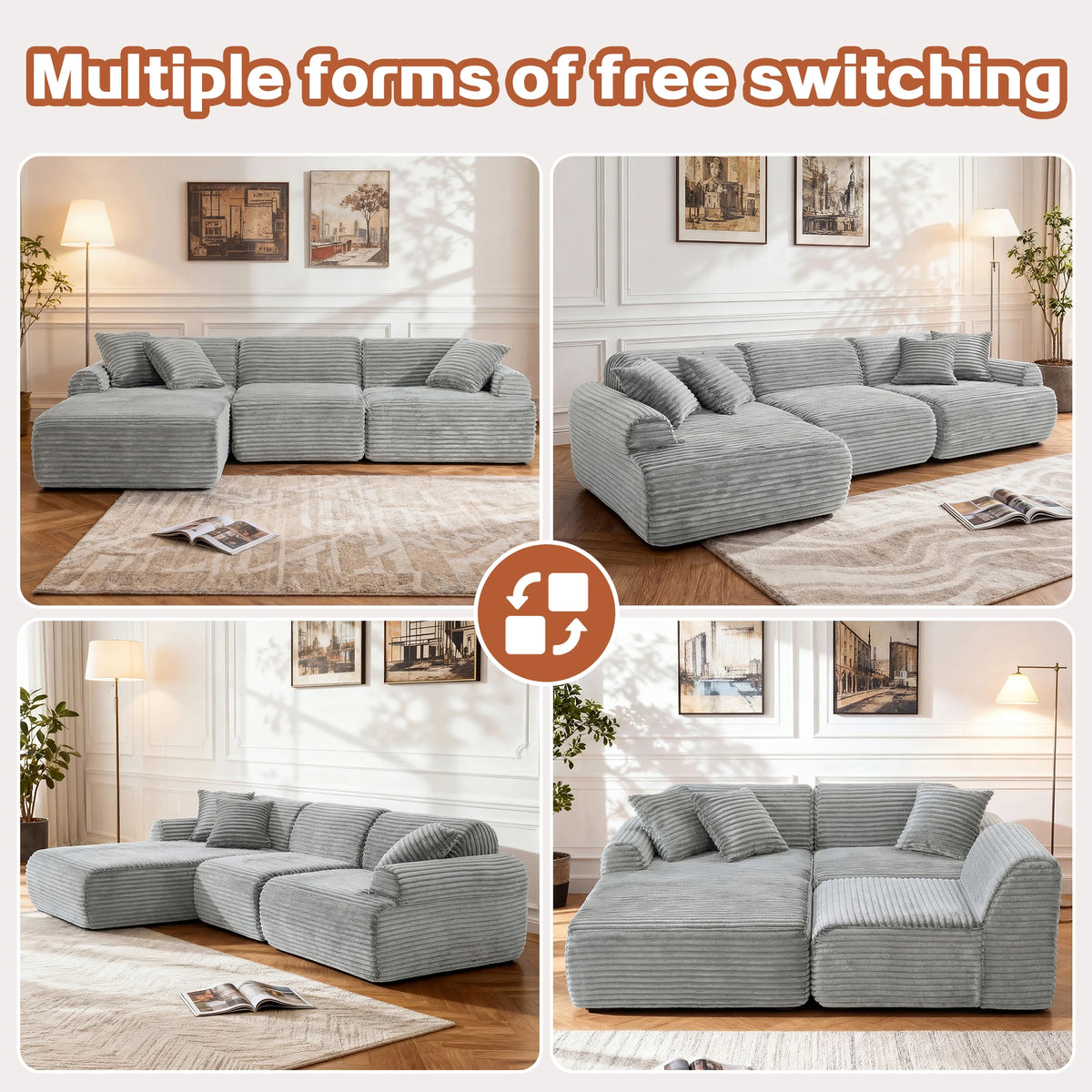 L-shaped oversized modular leather segmented sofa, leather deep seat modular corduroy sofa, suitable for families and big spaces