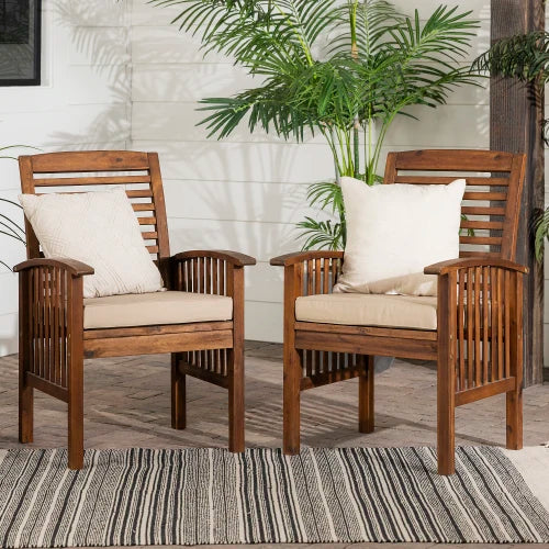 Modern 2-Piece Slat-Back Patio Chairs with Cushions - Dark Brown