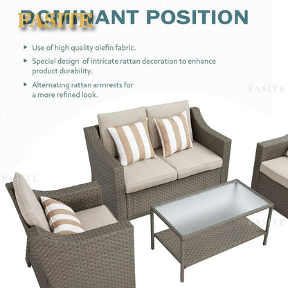 Outdoor Patio Furniture Conversation Set Rattan Wicker Chairs and Glass Top Table All-Weather and Thick Cushions