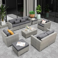 Patio Furniture Set Gray Rattan 7 Pieces Outdoor Sectional Sofa PE Wicker Conversation Chairs with Storage Table and Non-