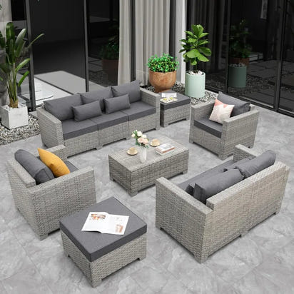 Patio Furniture Set Gray Rattan 7 Pieces Outdoor Sectional Sofa PE Wicker Conversation Chairs with Storage Table and Non-