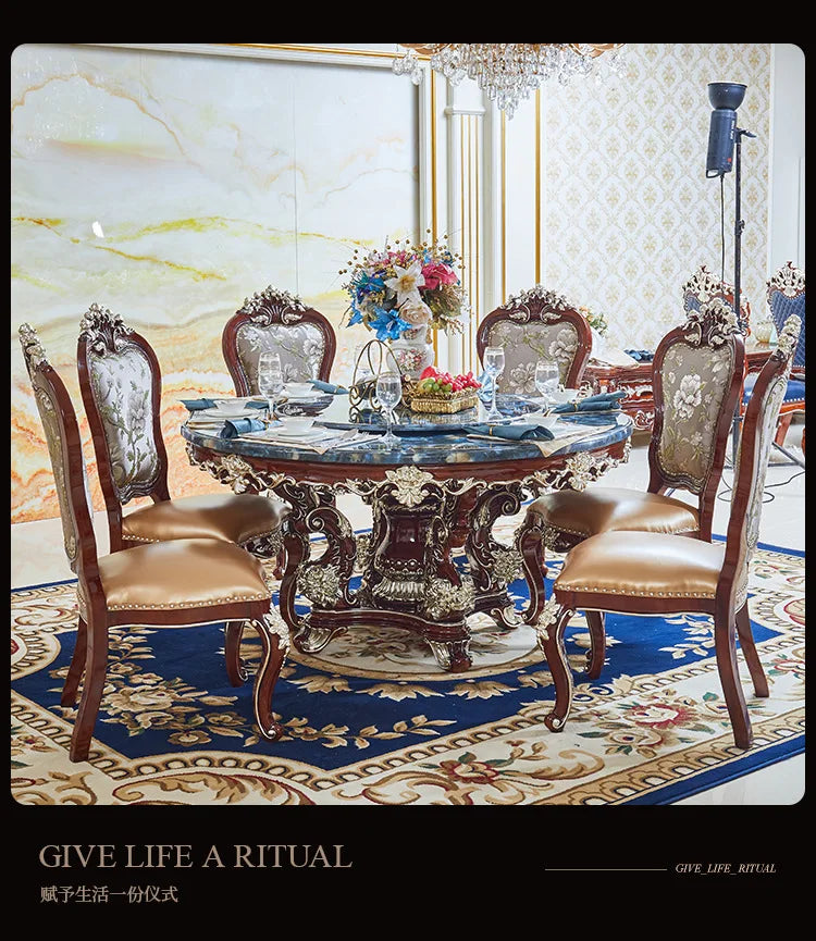 HLZ European Style Dining Table New Luxury High-End Solid Wood Home Marble French Retro Table and Chair Set Villa
