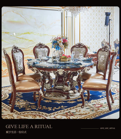 HLZ European Style Dining Table New Luxury High-End Solid Wood Home Marble French Retro Table and Chair Set Villa