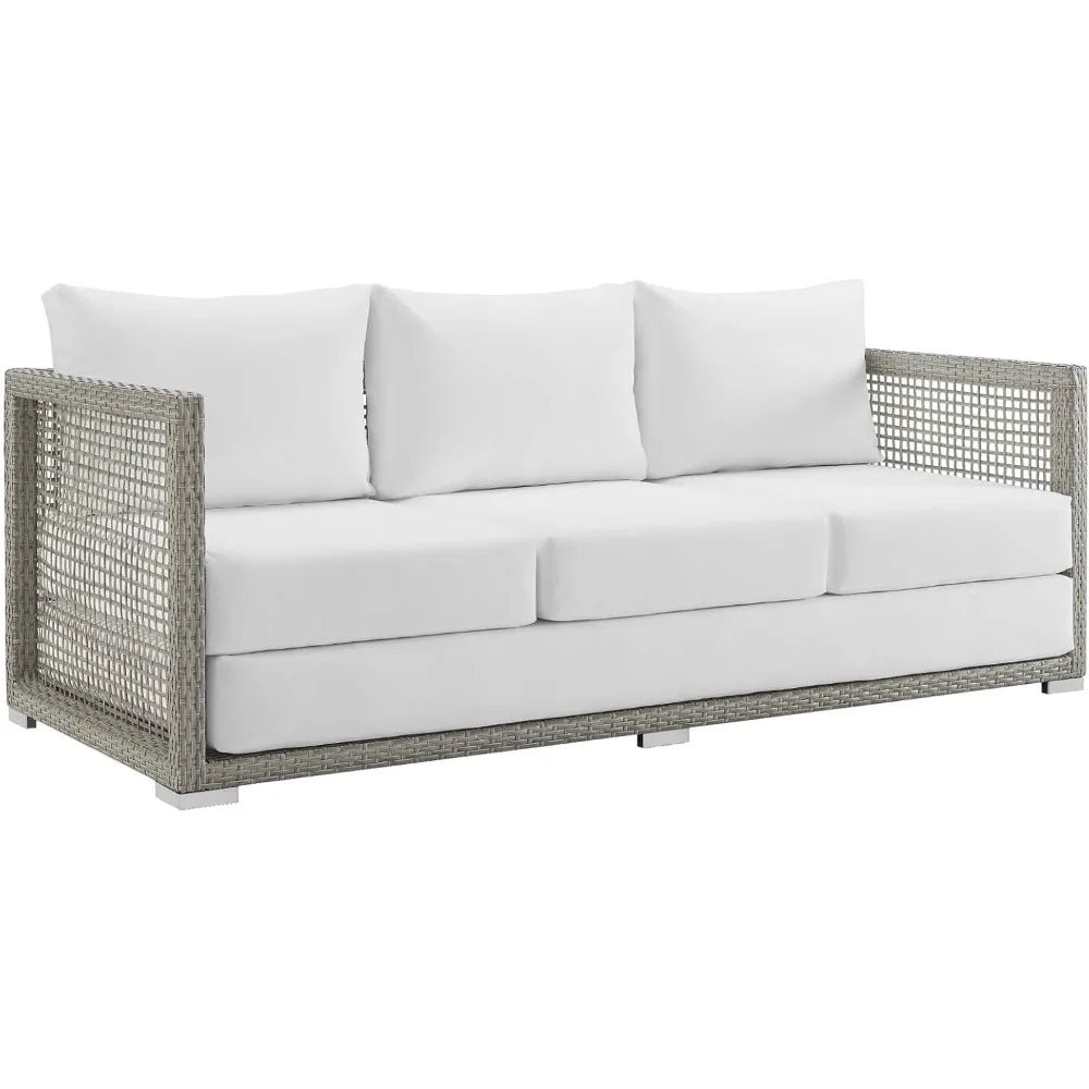 Gray and White Wicker Outdoor Patio Sofa Couch