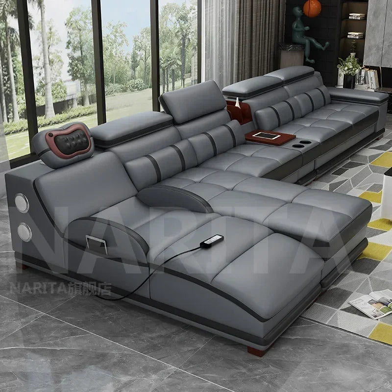 Genuine leather sofa massage seat, cowhide multifunctional living room furniture, leather art storage, sofa combination