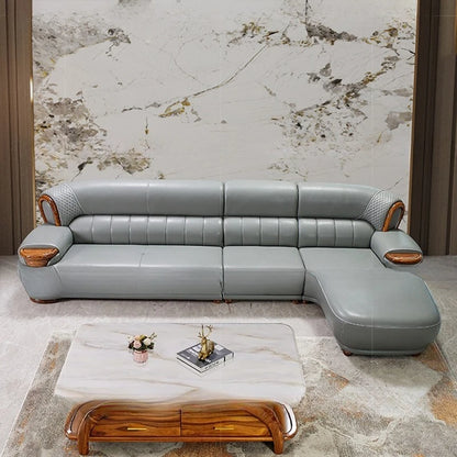 New Chinese black gold wood leather sofa high-end luxury villa living room simple concubine corner household solid wood