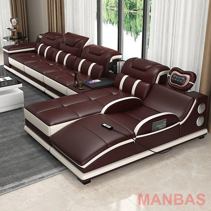 Italy Genuine Leather Sectional Sofa with Bluetooth Speaker,Functional Headrest,Massage Chaise | L Shape Corner Couch