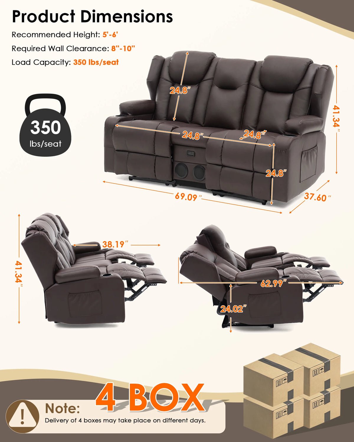 Redlife Loveseat Recliner Sofa with Console,Manual Pull Reclining Couch,Heating & Massage,USB & Power Outlet,Home Theater&RV