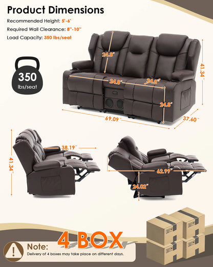 Redlife Loveseat Recliner Sofa with Console,Manual Pull Reclining Couch,Heating & Massage,USB & Power Outlet,Home Theater&RV