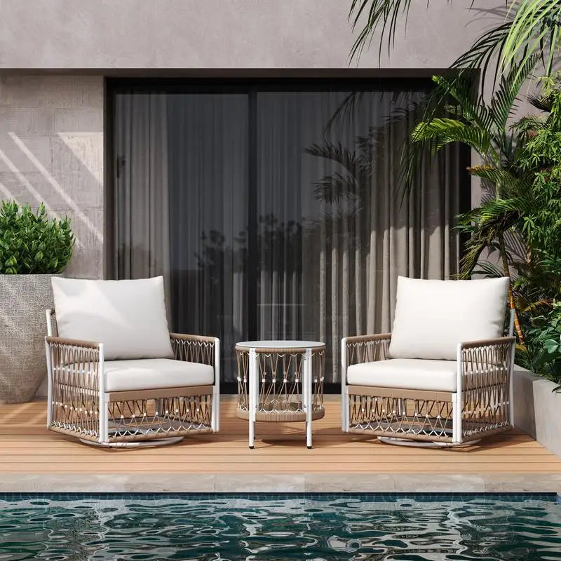 3-Piece Bohemian Outdoor Furniture Set with 2 Swivel Chairs and Glass Top Table - Handwoven Rope and Powder-Coated Steel Frame