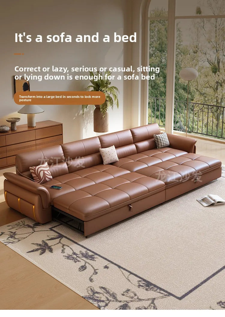 LH Electric Retractable Sofa Bed Dual-use Genuine Leather Small Apartment First Layer Cowhide Sofa
