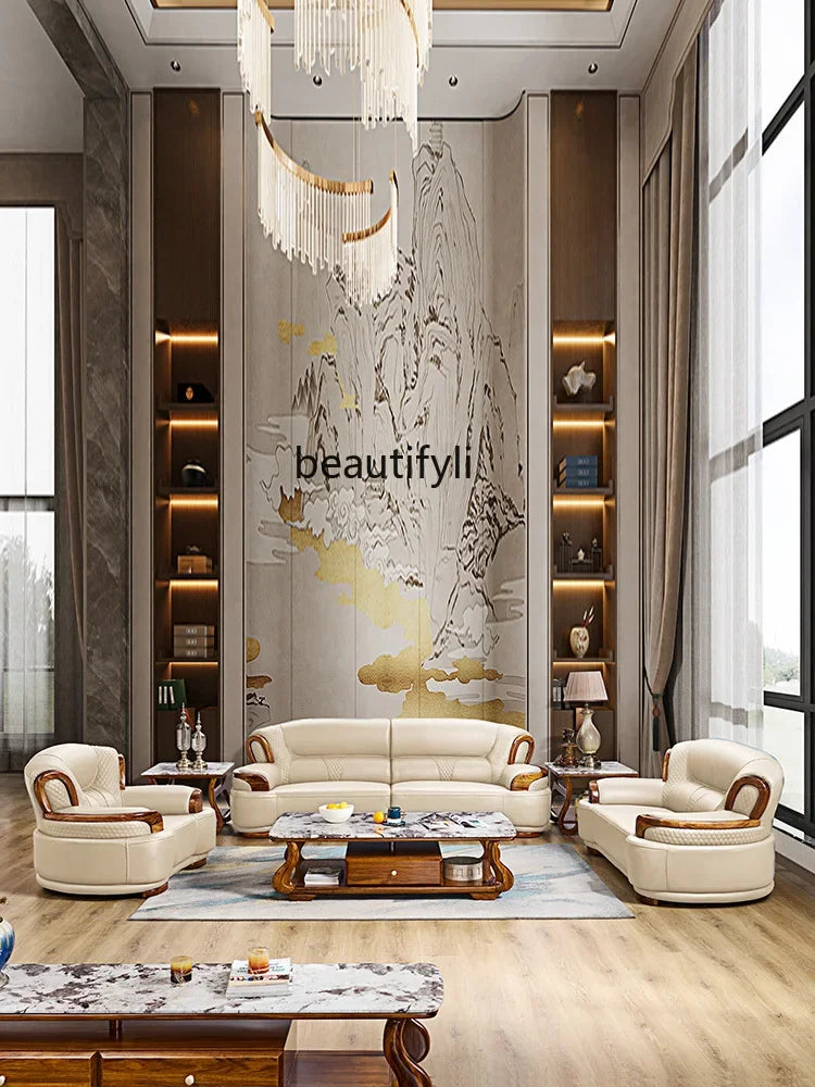 A38 Leather Sofa Luxury Villa Living Room New Chinese Style First Layer Cowhide European Solid Wood Home