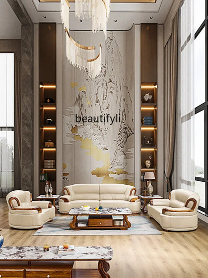 A38 Leather Sofa Luxury Villa Living Room New Chinese Style First Layer Cowhide European Solid Wood Home
