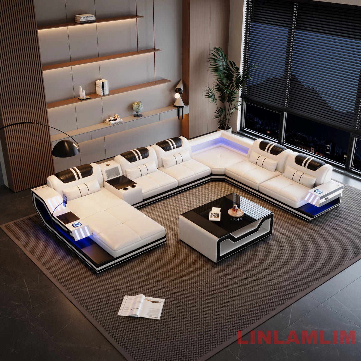 Convertible Genuine Leather Sectional Sofa Bed with Adjustable Headrests, Electric Recliners, Storage, Speakers, USB & LED Light