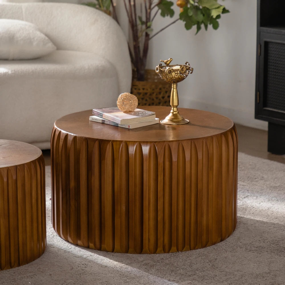 Set of 2 Fluted Round Nesting Coffee Tables (26.77/19.69), Solid Wood & MDF, Mid-Century Modern Living Room/Apartment

Wait, let