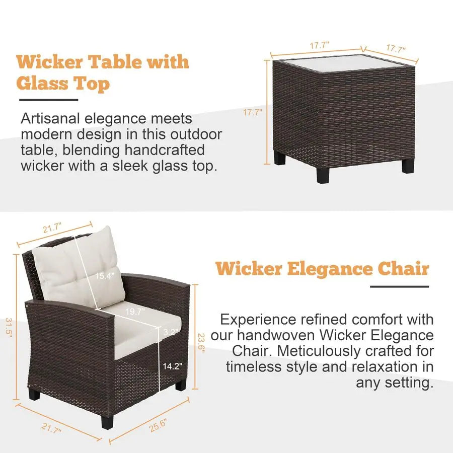 3 Pieces Patio Furniture Set 3 Pieces PE Rattan Wicker Chairs with Table Outdoor Furniture for Backyard Garden Poolside Outdoor