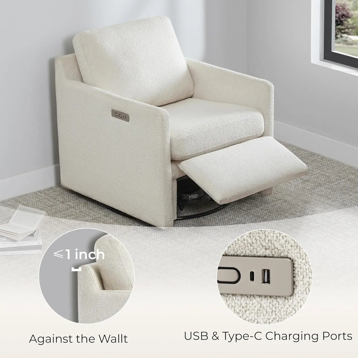 Swivel Accent Chair with Electric Footrests, Living Room Sofa Chair with Power Motor, USB and Type-C Ports, Cream