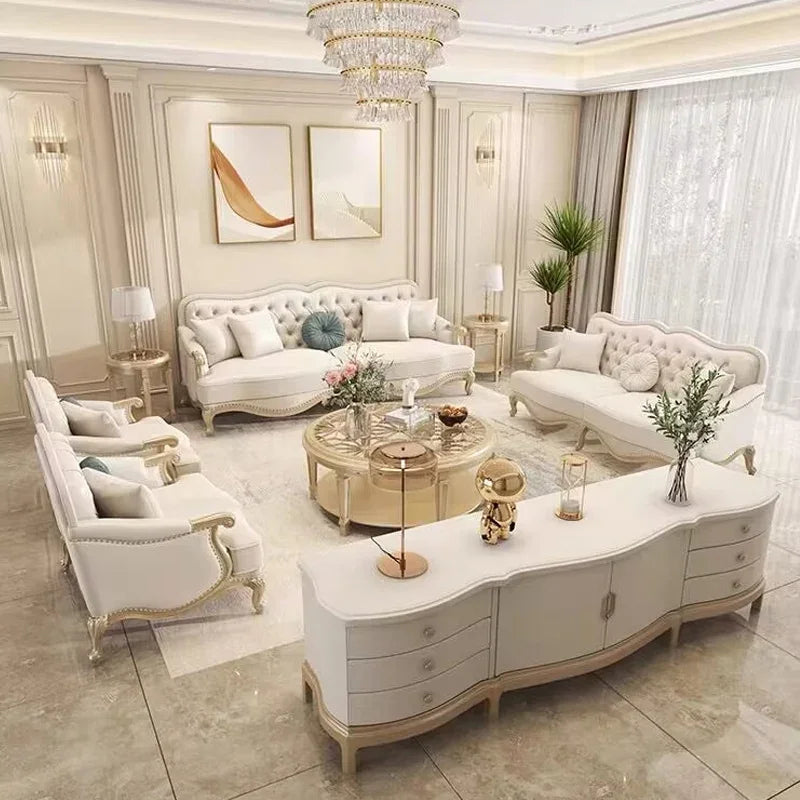Leather sofa combined living room size apartment Italian light luxury high-end luxury solid wood furniture