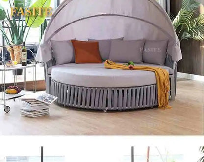 Outdoor circular bed courtyard terrace waterproof and sunscreen aluminum frame structure rope weaving storage