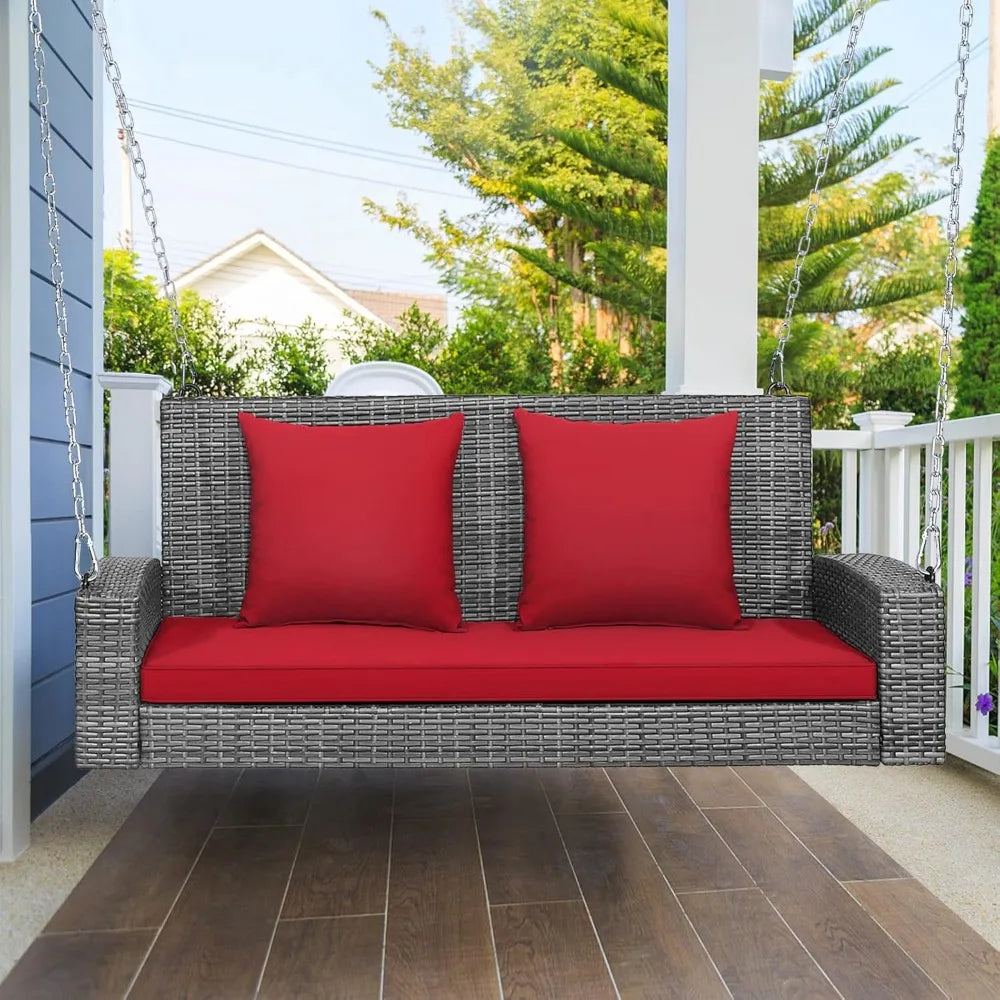 2-Person Porch Swing Bench - PE Rattan Outdoor Swing Chair with Comfortable Seat & Back Cushions, Rustproof Metal Cha