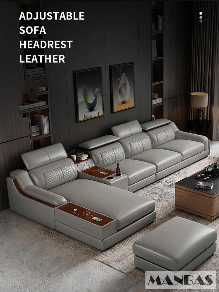 Stylish Italian Genuine Leather Sofa for Living Room with Cup Holder, USB, Adjustable Headrests & Bluetooth Speaker - Linlamlim