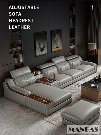 Stylish Italian Genuine Leather Sofa for Living Room with Cup Holder, USB, Adjustable Headrests & Bluetooth Speaker - Linlamlim