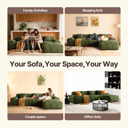 113" Modern L-Shaped Modular Sectional Sofa for Living Room, Corduroy Upholstery Green, 3-Seater Cloud Couchand Movable Ottoman