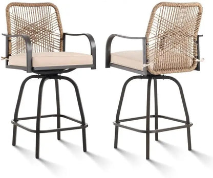 Outdoor Bar Stools Set of 2, Patio Swivel Counter Height Rattan Bar Stools, Patio Wicker Bar Swivel Chairs with Cushion