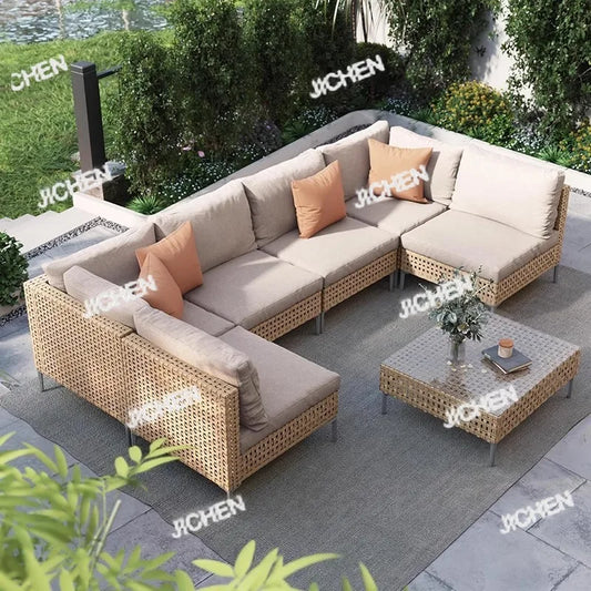 XJC Outdoor Rattan Sofa Combination Bed And Breakfast Balcony Courtyard Outdoor Open-air Garden Sun Room Leisure Small