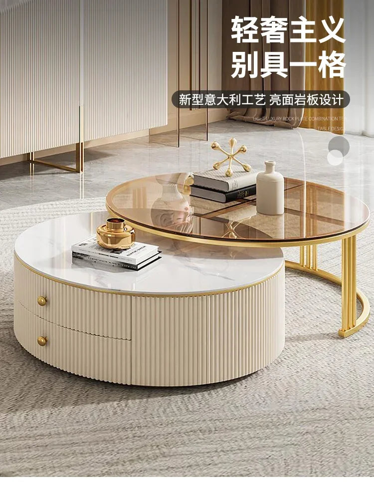 a163  round Glass Stone Plate Coffee Table Modern Minimalist Living Room Home Retractable Size Combination