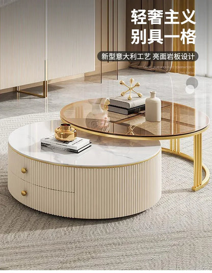 a163  round Glass Stone Plate Coffee Table Modern Minimalist Living Room Home Retractable Size Combination