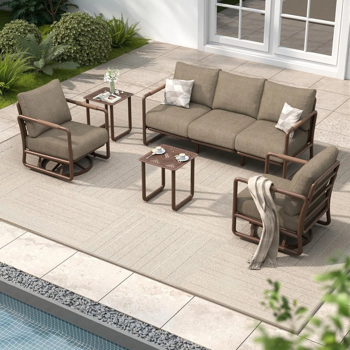 Outdoor Aluminum Patio Furniture Set, 5-Seats Patio Conversation Sofa Set with 2 Swivel Rocking Chairs and 2 Coffee Tables,