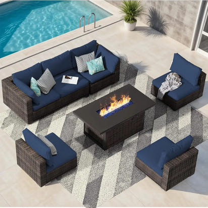 7 Piece Patio Furniture Set with  Fire Pit Table Outdoor Sectional Conversation Sofa Set with Coffee Table
