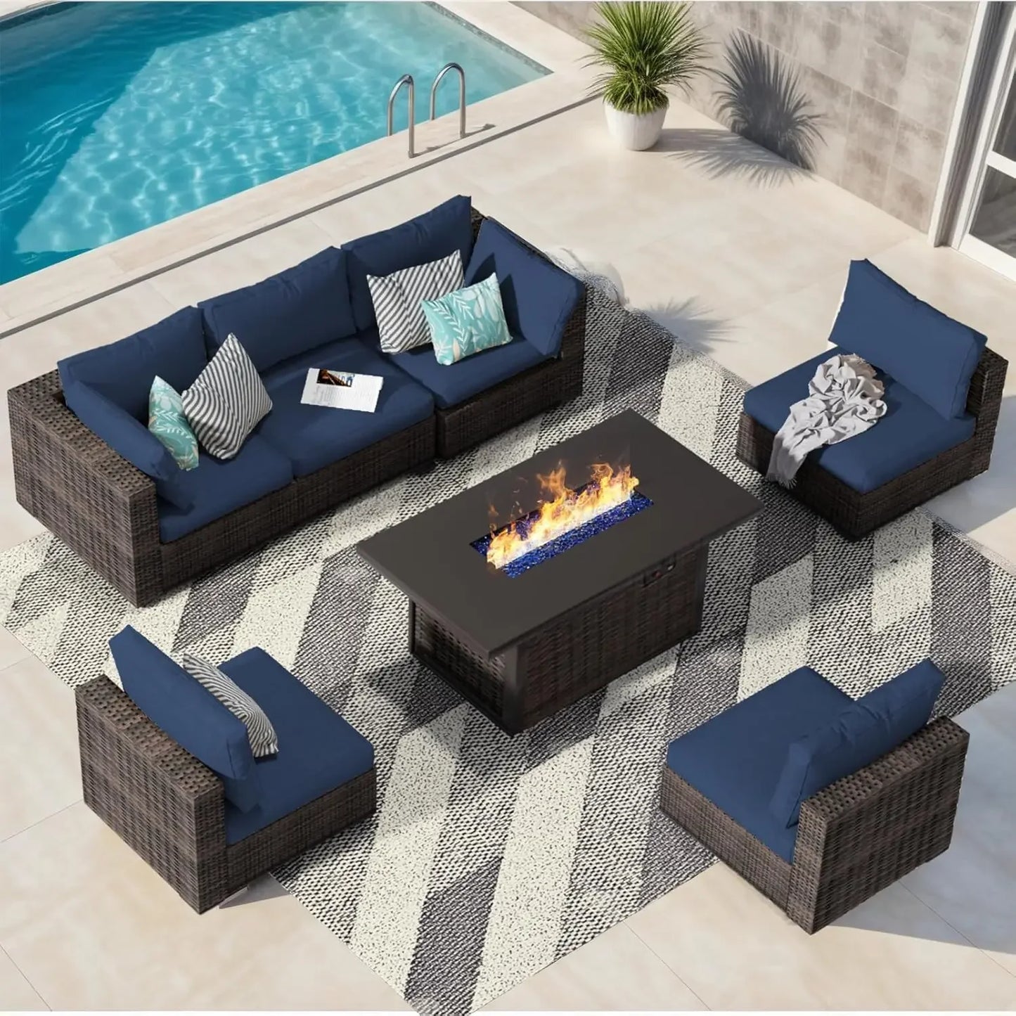 7 Piece Patio Furniture Set with  Fire Pit Table Outdoor Sectional Conversation Sofa Set with Coffee Table