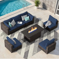 7 Piece Patio Furniture Set with  Fire Pit Table Outdoor Sectional Conversation Sofa Set with Coffee Table