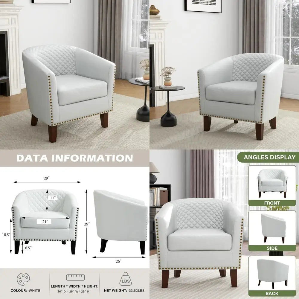 Modern Club Armchair - Comfortable Faux Leather Barrel Chair with Nailhead Trim for Living Room, Stylish Upholstered Single Sofa