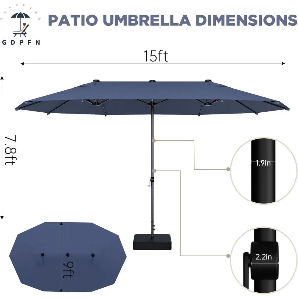15FT Large Patio Umbrella with Base Included, Outdoor Deck Standing Umbrella with Crank Handle, Double-Side Rectangular Pool Umb