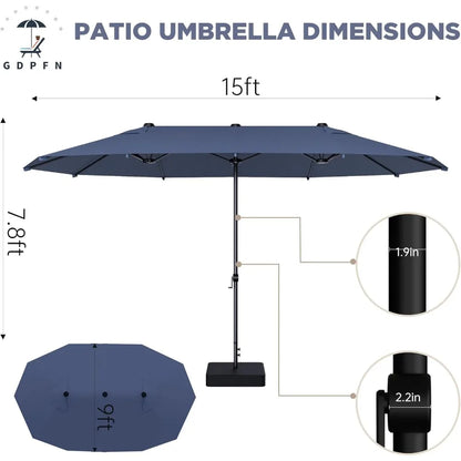 15FT Large Patio Umbrella with Base Included, Outdoor Deck Standing Umbrella with Crank Handle, Double-Side Rectangular Pool Umb