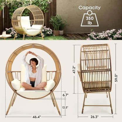 Outdoor Egg Chair, Oversized Wicker Patio Chairs with 6.69'' Cushions, 350LBS Capacity, Indoor Round Rattan Nest Chair with Sta